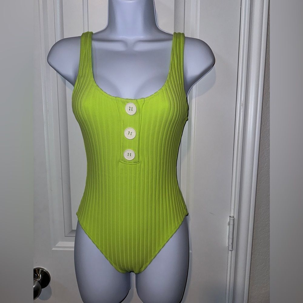 Solid and striped chartreuse ribbed swimsuit size xs